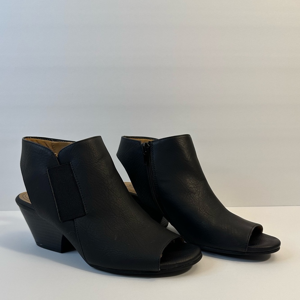 Black open toe ankle boots.